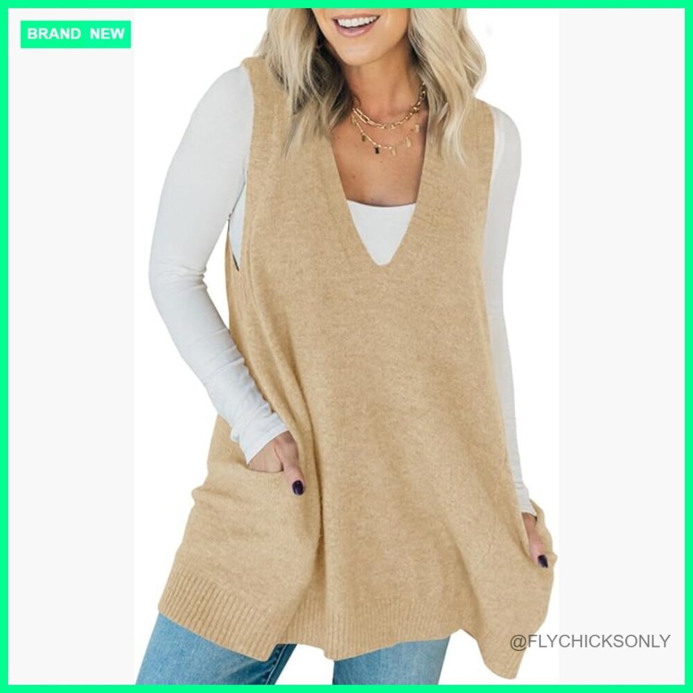 Sleeveless Sweater Vest V-Neck Loose Knit Tunic Top with Pockets